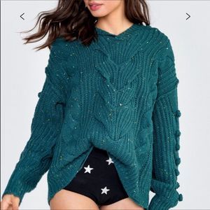 Wildfox Pattie V neck hooded sweater green size Large